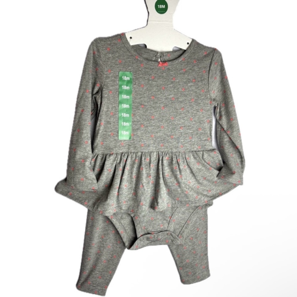 NWT Grey Polka dot peplum onesie with matching leggings